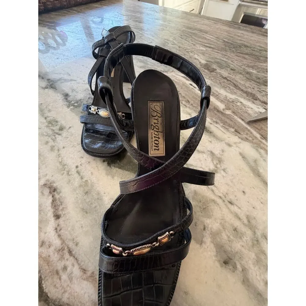 Brighton Black Croc Embossed Leather Heels Sandals Size 7.5 Boho Western